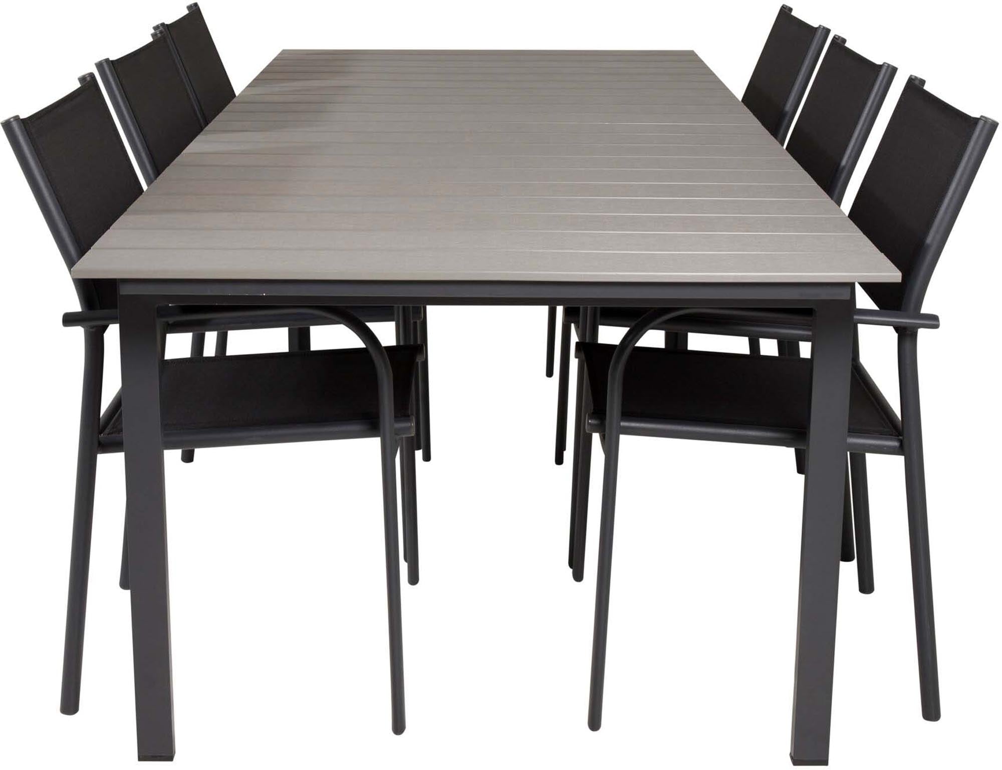 Entdecken Sie das Levels Outdoor-Tischset mit Santorini 224cm/6St. von Venture Home – ideal für Garten und Terrasse, robust, elegant und langlebig.