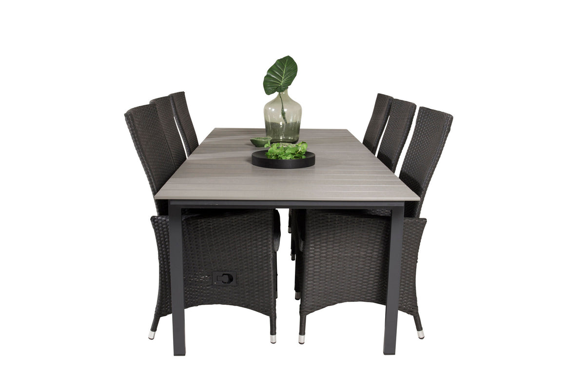 Levels & Padova Gartentischset mit rechteckigem Tisch aus Aintwood und zwei schwarzen Relaxstühlen