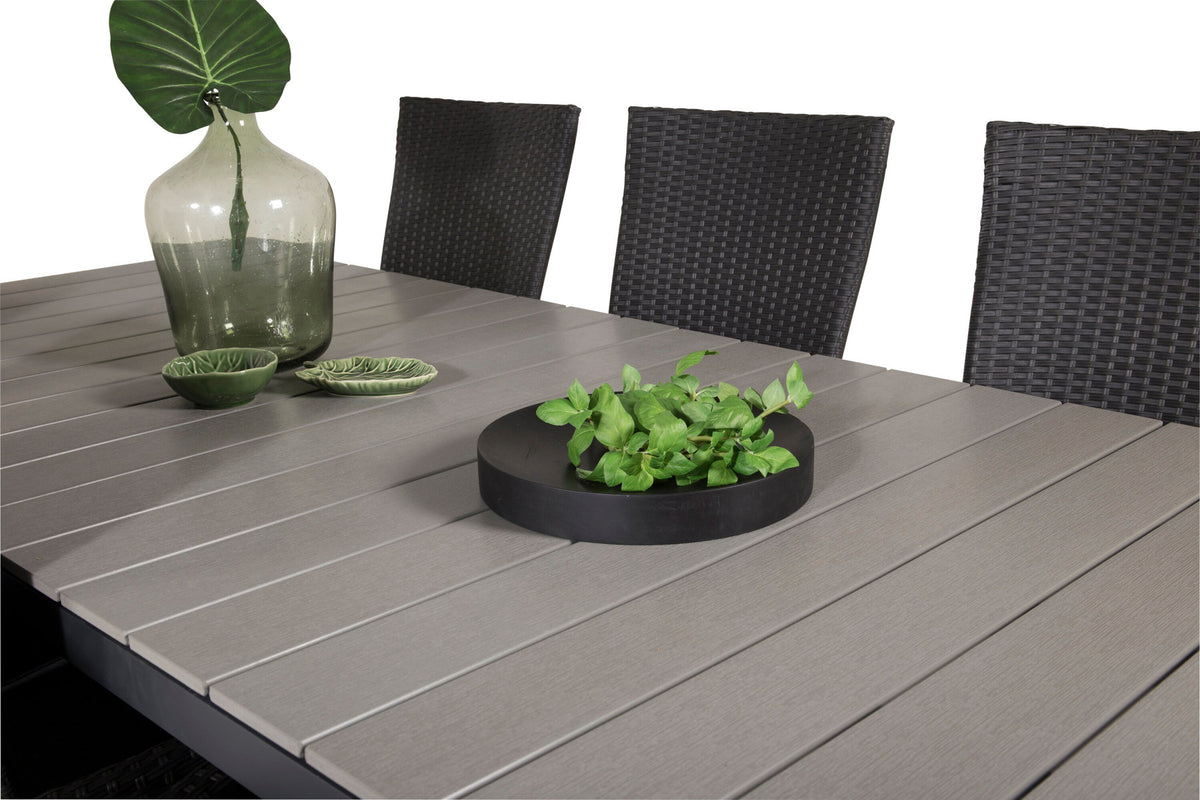Levels & Padova Gartentischset mit rechteckigem Tisch aus Aintwood und zwei schwarzen Relaxstühlen