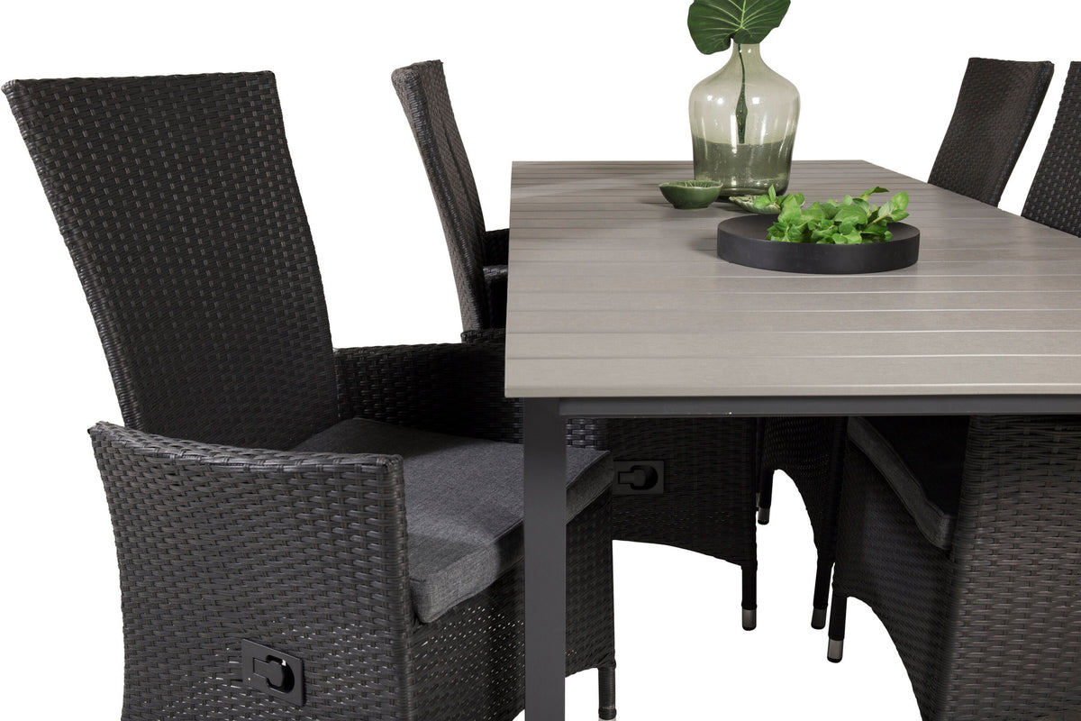 Levels & Padova Gartentischset mit rechteckigem Tisch aus Aintwood und zwei schwarzen Relaxstühlen