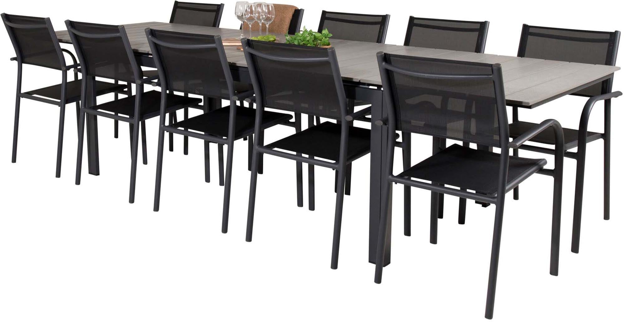 Levels Outdoor-Tischset + Santorini 224cm/8St. in Schwarz präsentiert im Onlineshop von KAQTU Design AG. Gartentischset ist von Venture Home