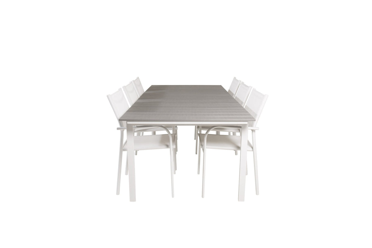 Weisses Gartentischset Levels & Santorini von Venture Home: rechteckiger Esstisch aus Aluminium und Aintwood mit stapelbaren Stühlen in Weiss.