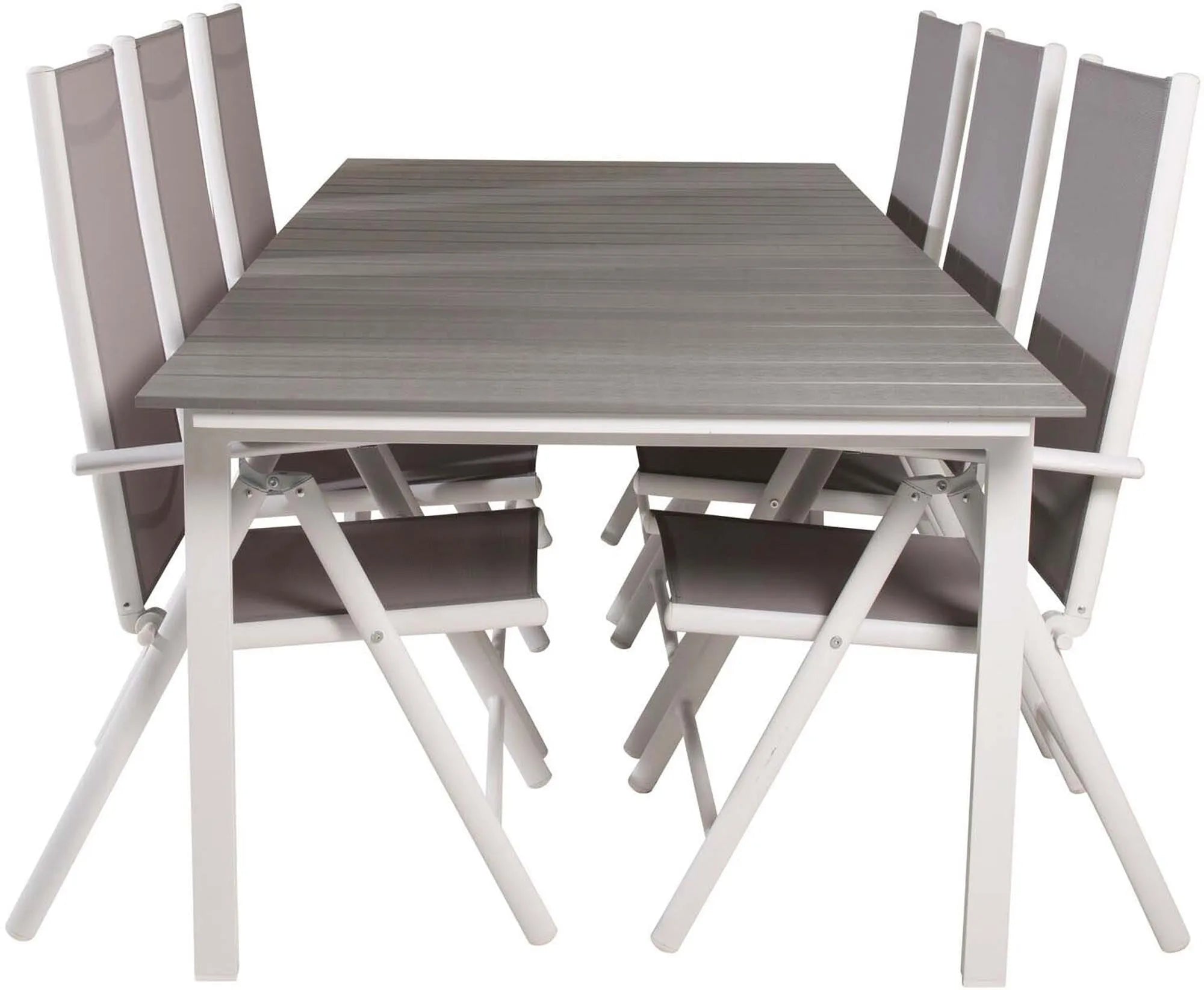 Stilvolles Outdoor-Tischset von Venture Home: Robuster 229cm Tisch & 6 bequeme, wetterfeste Stühle für gesellige Abende.