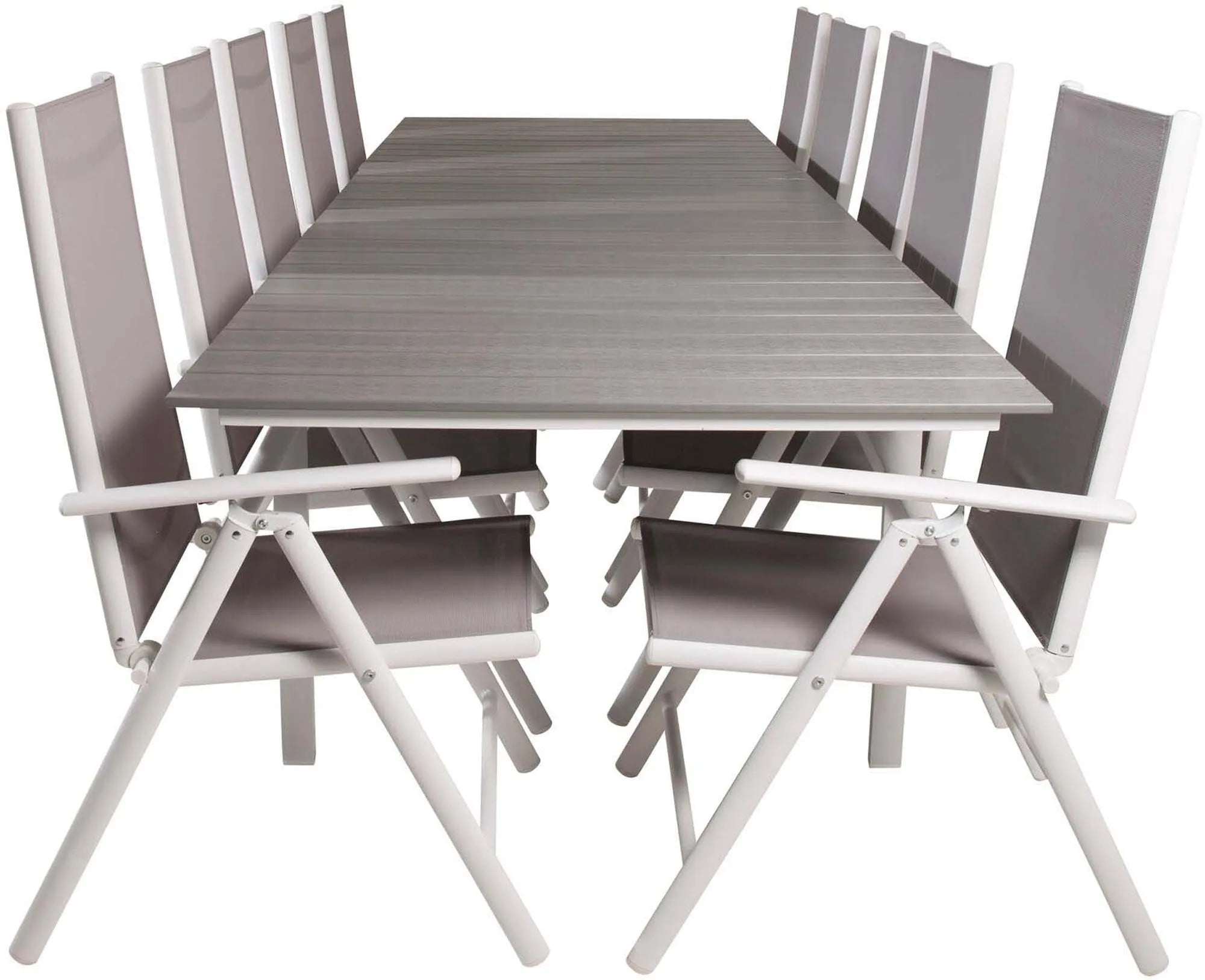 Modernes Gartenset: Ausziehbarer Tisch für 8, bequeme Klappstühle, wetterfestes Textilene, ideal für Terrasse.
