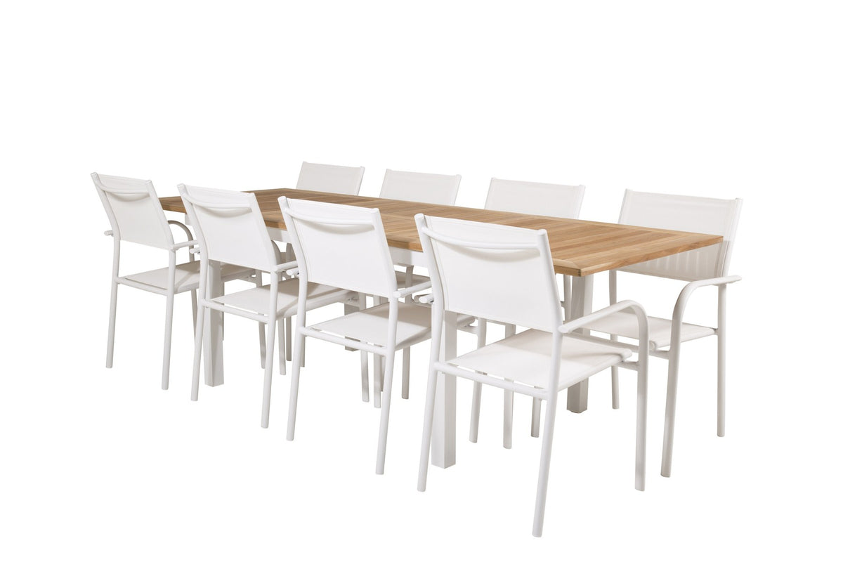 Weisses Gartentischset Santorini & Panama von Venture Home: zwei Stühle aus Aluminium und rechteckiger Tisch mit Teak-Tischplatte.