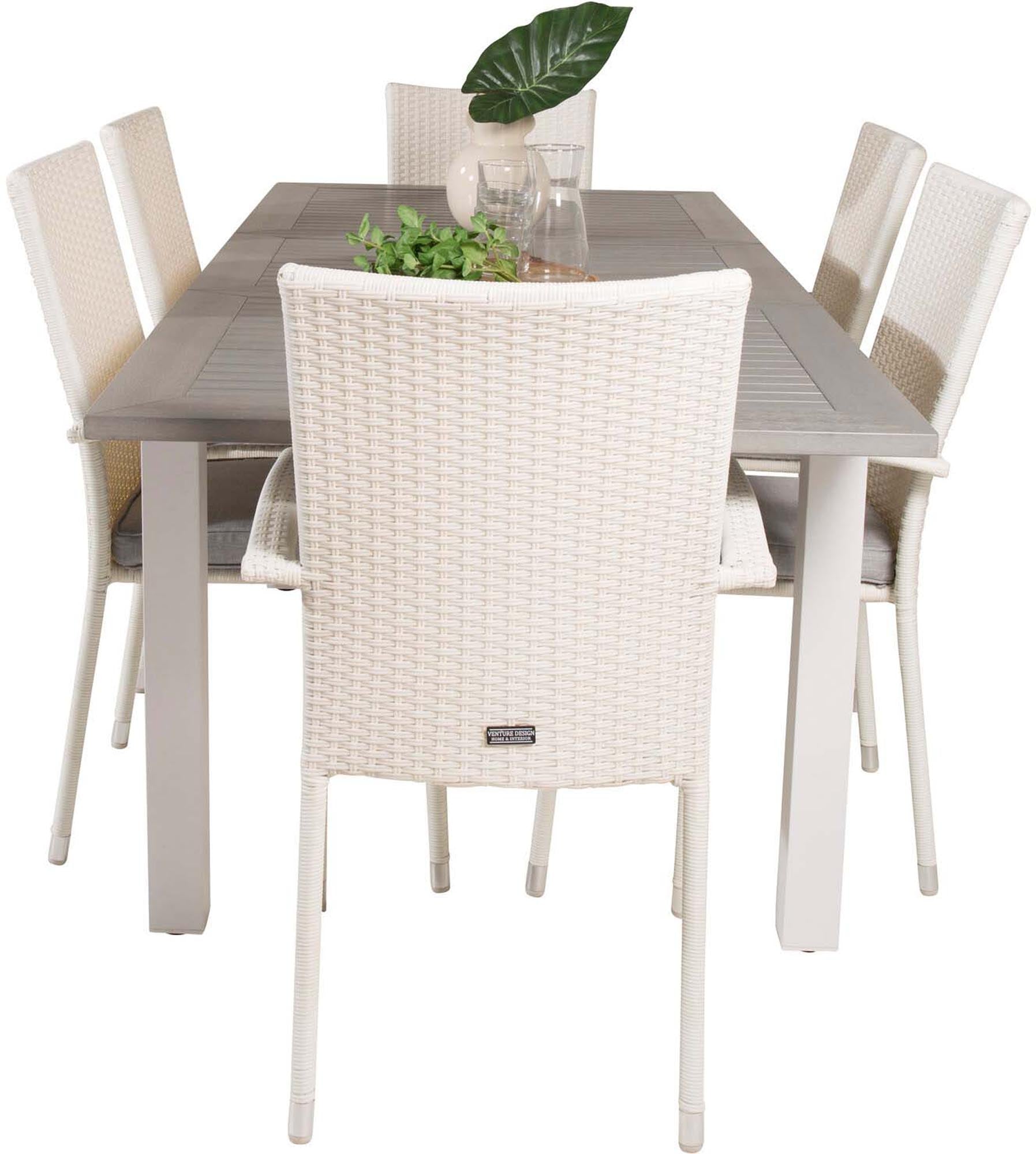 Albany Outdoor-Gartentischset ausziehbar + Anna 152cm/6St. in Grau weiss präsentiert im Onlineshop von KAQTU Design AG. Gartentischset ist von Venture Home