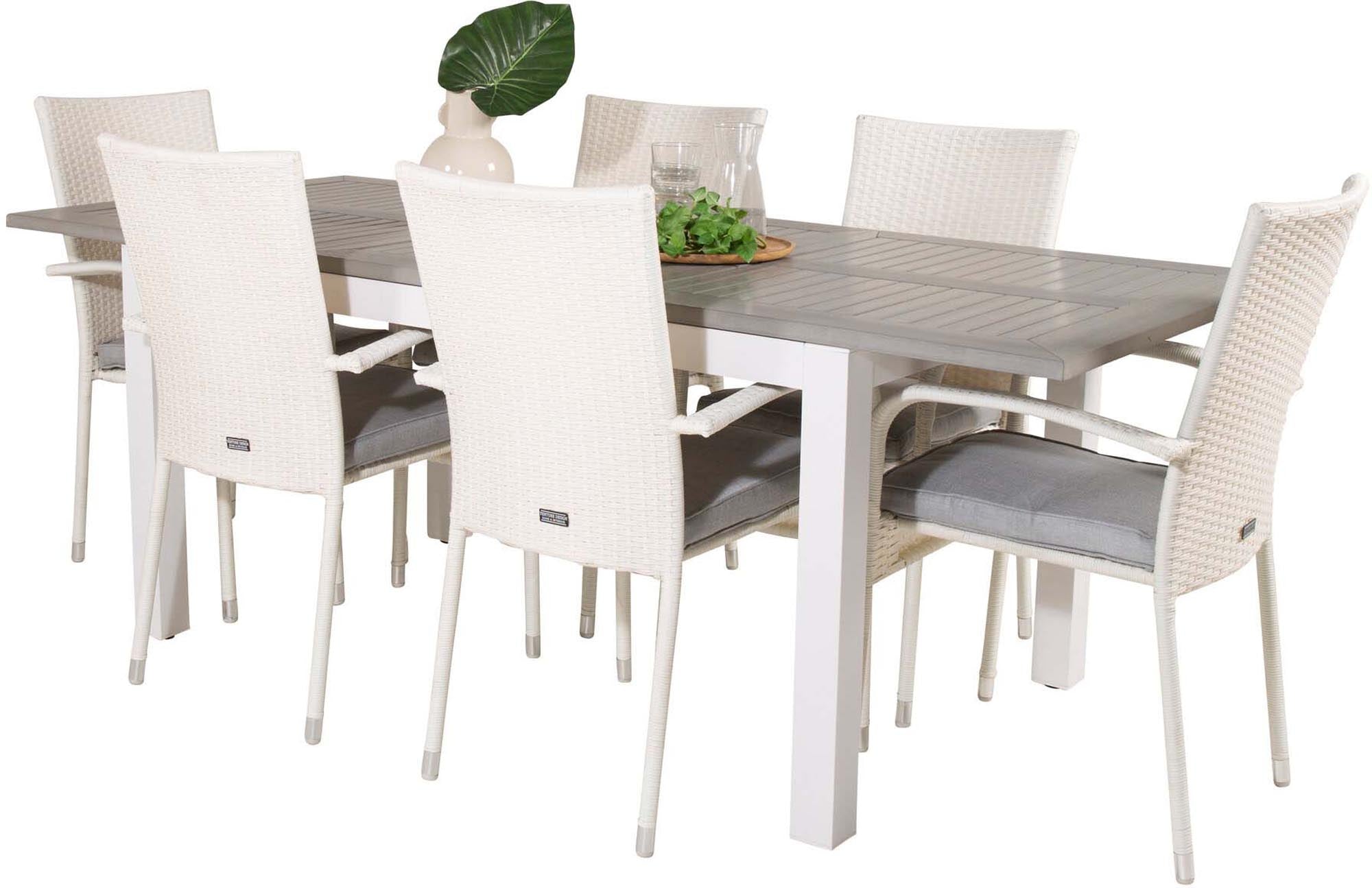 Albany Outdoor-Gartentischset ausziehbar + Anna 152cm/6St. in Grau weiss präsentiert im Onlineshop von KAQTU Design AG. Gartentischset ist von Venture Home