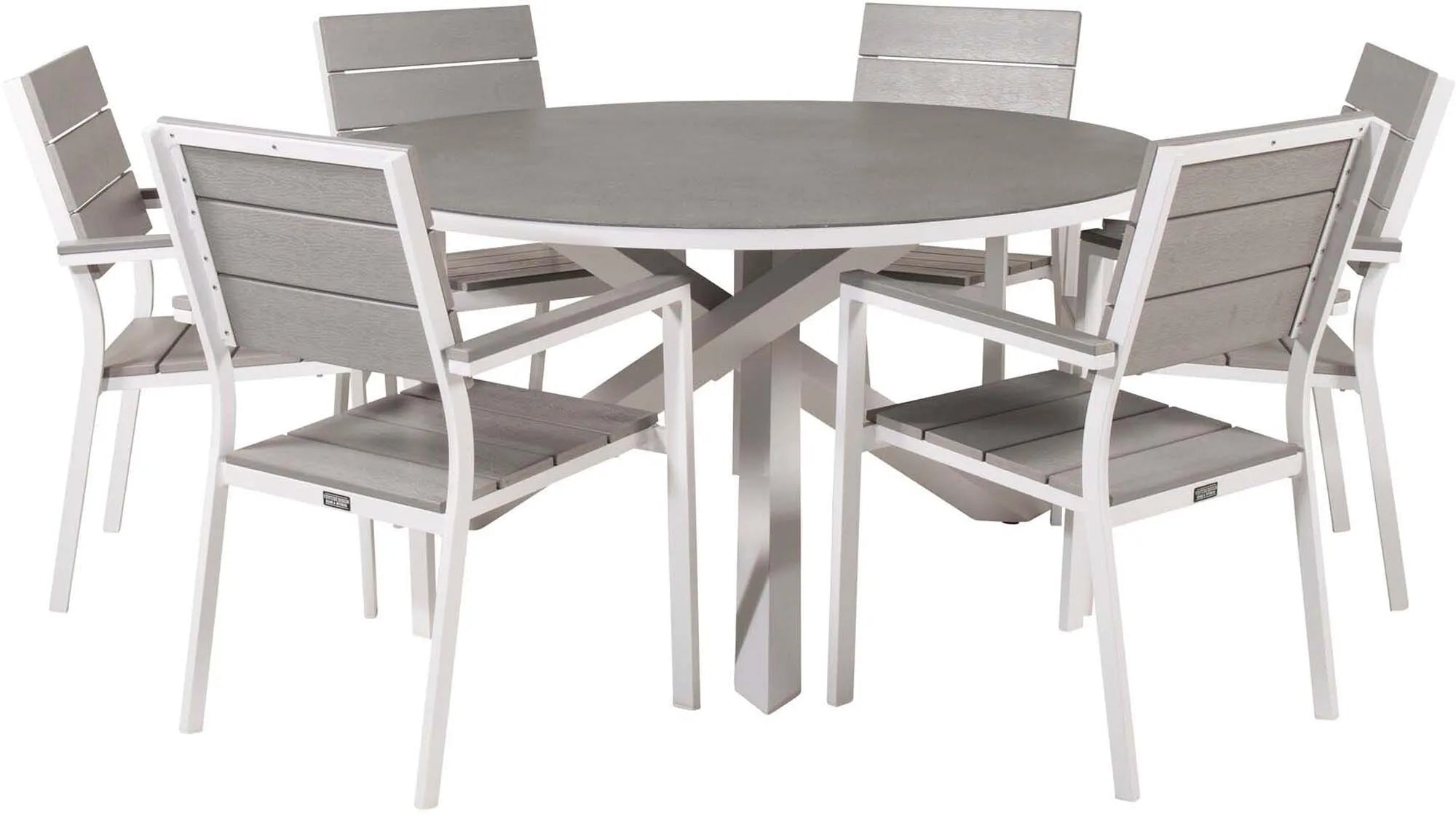 Elegantes Copacabana Outdoor-Tischset von Venture Home: 140cm Tisch & 6 stapelbare Stühle, langlebig & wetterfest.