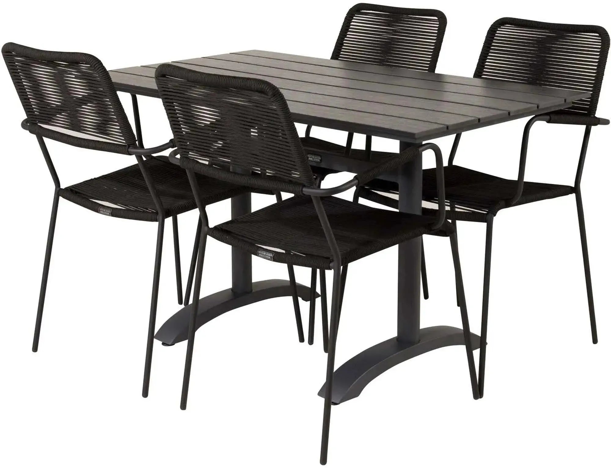 Stilvolles Denver Tischset mit 4 Lindos Armstühlen für draußen.