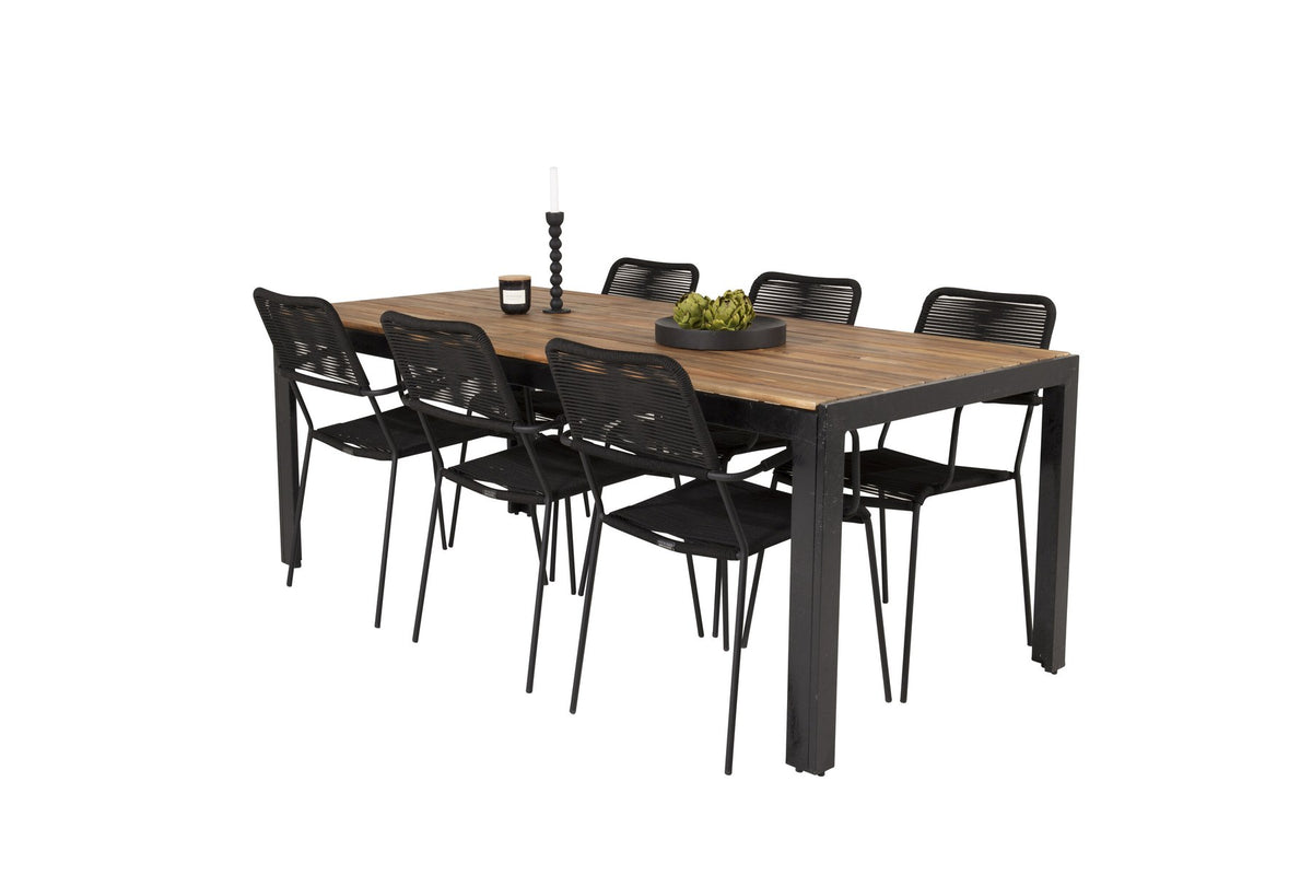 Gartentischset mit Tisch aus Akazienholz und Stahlbeinen sowie stapelbaren Stühlen mit pulverbeschichteter Oberfläche in Schwarz und Holz.