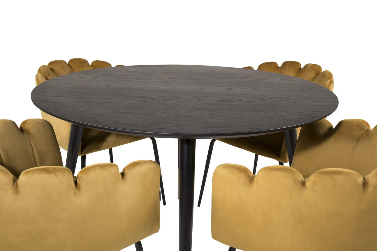 Rundes Esszimmerset mit schwarzer MDF-Tischplatte auf Stahlbeinen und gelben Stühlen mit schwarz pulverbeschichtetem Stahlgestell.