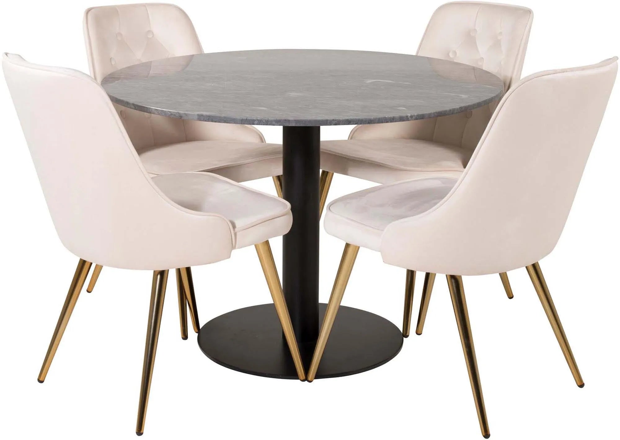 Luxuriöses Esszimmerset mit rundem Tisch und vier Samtstühlen.