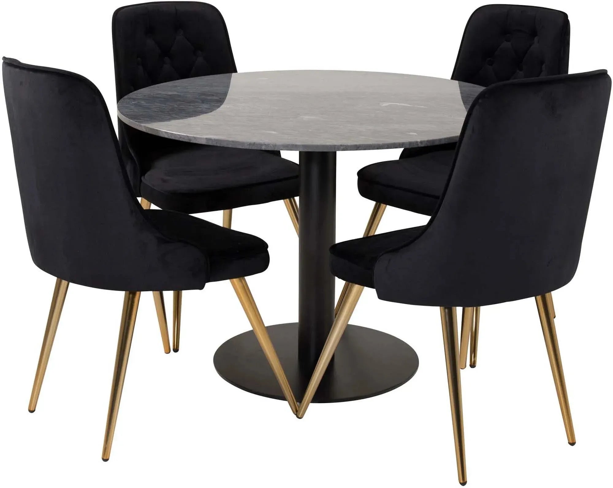Stilvolles Esszimmerset mit rundem Tisch und vier edlen Samtstühlen.