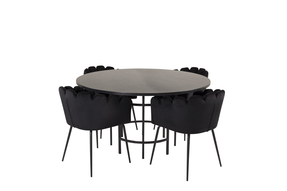 Schwarzer Esszimmerstuhl aus der Limhamn-Serie mit Metallgestell neben rundem Esstisch Copenhagen aus MDF mit Furnier, Durchmesser 140 cm.