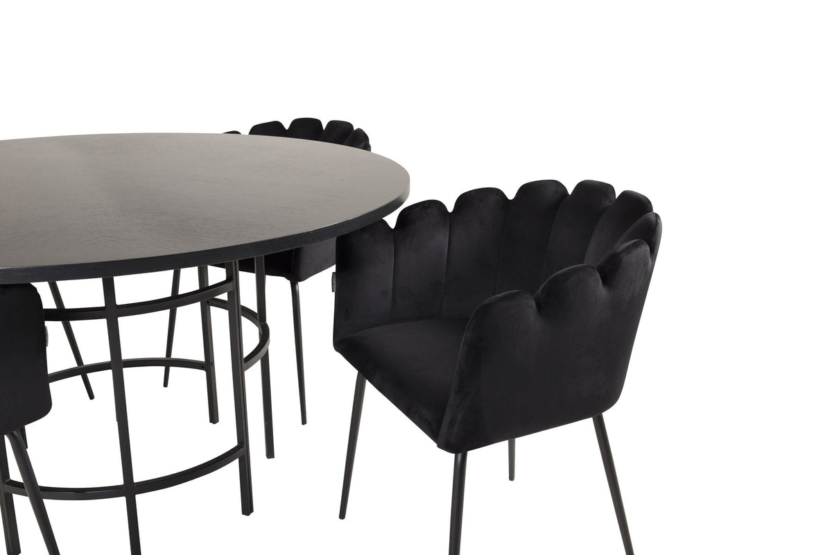 Schwarzer Esszimmerstuhl aus der Limhamn-Serie mit Metallgestell neben rundem Esstisch Copenhagen aus MDF mit Furnier, Durchmesser 140 cm.