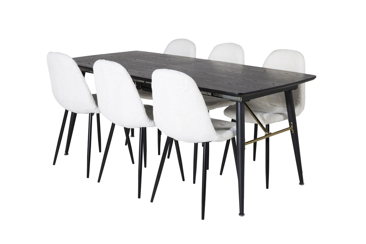 Esszimmerset mit ausziehbarem Esstisch aus MDF mit schwarzer Platte und Stahlbeinen, dazu zwei weisse Stühle aus MDF und Stahl.