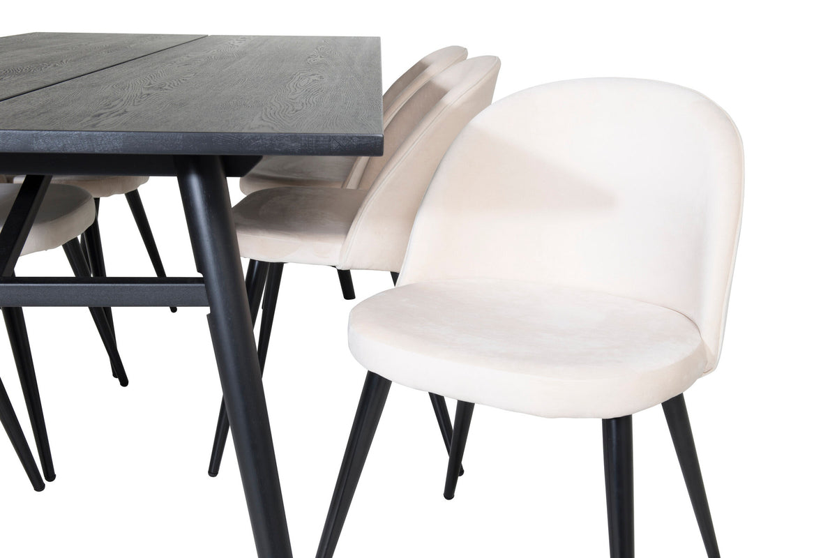 Esszimmerset Sleek & Velvet mit rechteckigem schwarzem Eichentisch und zwei beigen Stühlen