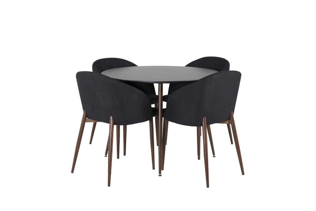 Schwarzes Esszimmerset mit rundem Tisch Ø100 cm, MDF-Tischplatte, Stahlgestell und zwei Stühlen mit gepolsterter Sitzfläche.