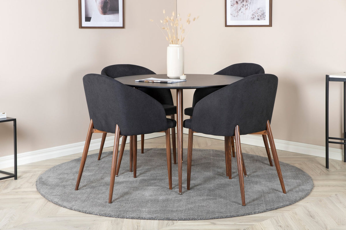 Schwarzes Esszimmerset mit rundem Tisch Ø100 cm, MDF-Tischplatte, Stahlgestell und zwei Stühlen mit gepolsterter Sitzfläche.