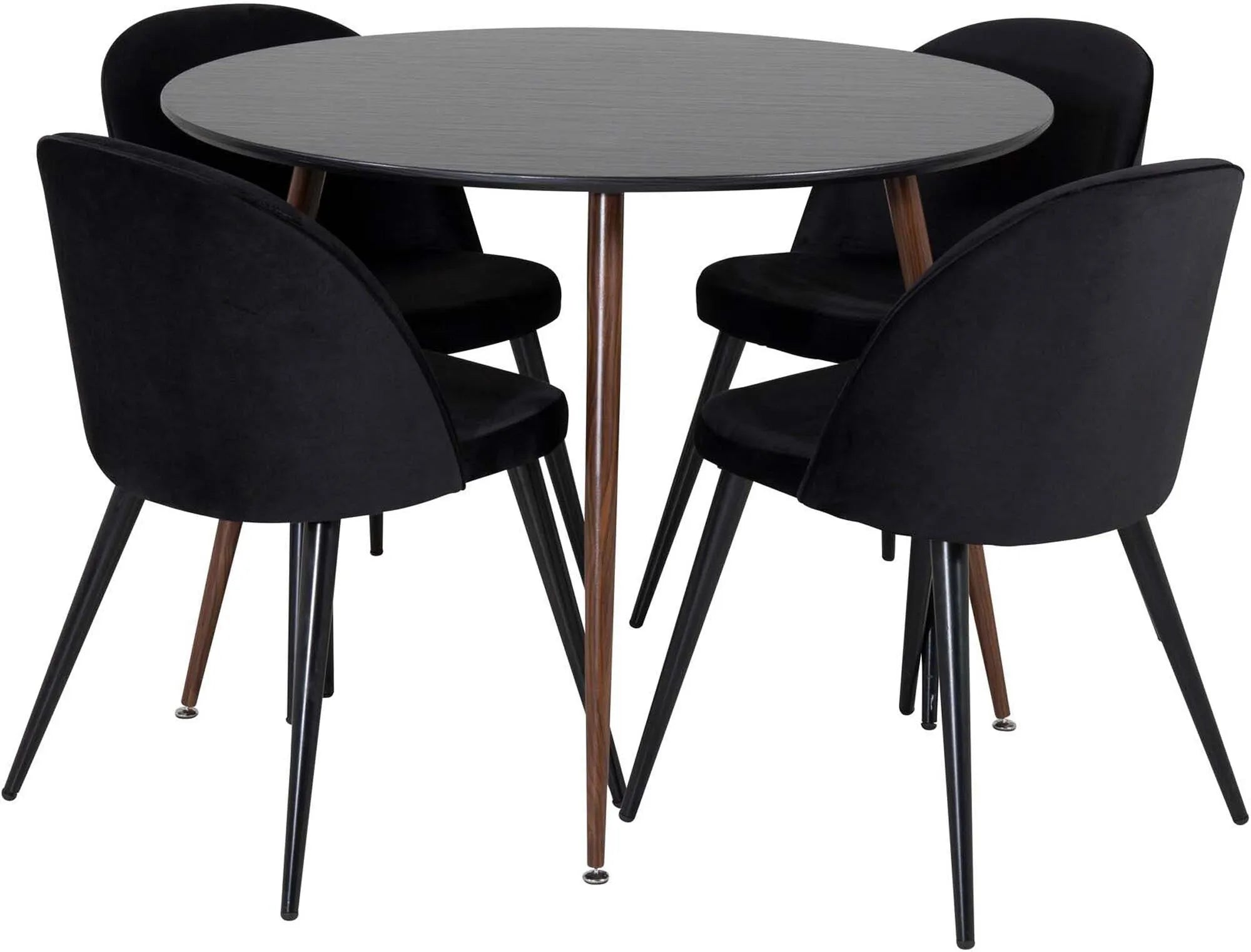 Elegantes Plaza Esszimerset: Runder Holztisch (⌀100cm) & 4 Samtstühle. Stilvoll, komfortabel, pflegeleicht. Perfekt für Ihr Esszimmer.