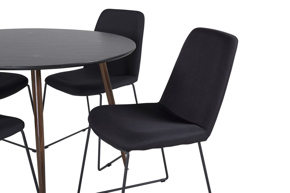 Schwarzes Bartischset Plaza mit Muce Stühlen, Tischplatte aus MDF in Nussbaum, Stahlbeine, gepolsterte Stühle mit Polyesterbezug.