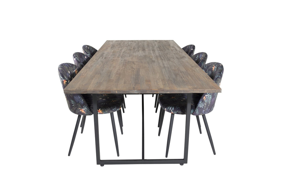 Schwarzes Esszimmerset Padang mit Teak-Tischplatte, Stahlgestell und gepolsterten Velvet-Stühlen mit schwarzem Samtbezug.