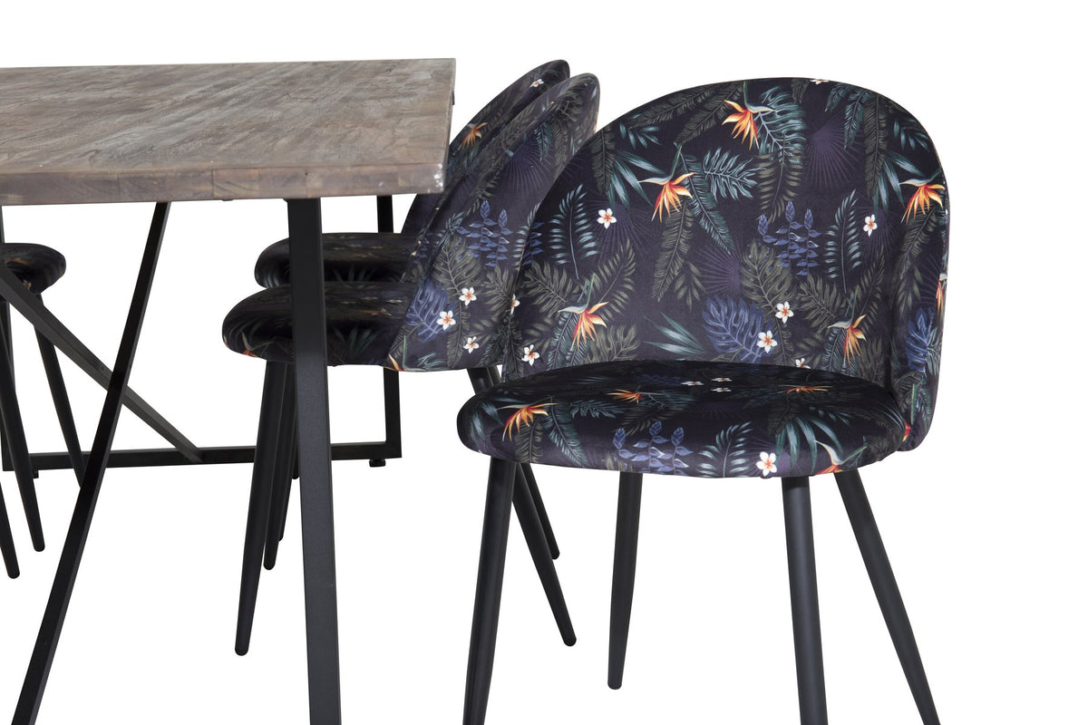 Schwarzes Esszimmerset Padang mit Teak-Tischplatte, Stahlgestell und gepolsterten Velvet-Stühlen mit schwarzem Samtbezug.