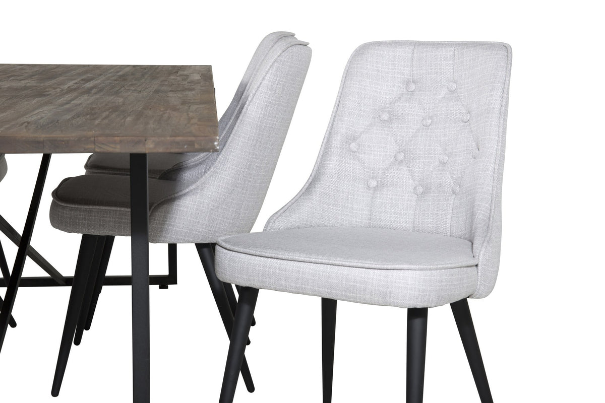 Esszimmerset Padang mit Teak-Esstisch und Velvet Deluxe Stühlen in Blau, Stahlgestell schwarz pulverbeschichtet, Polyesterbezug.