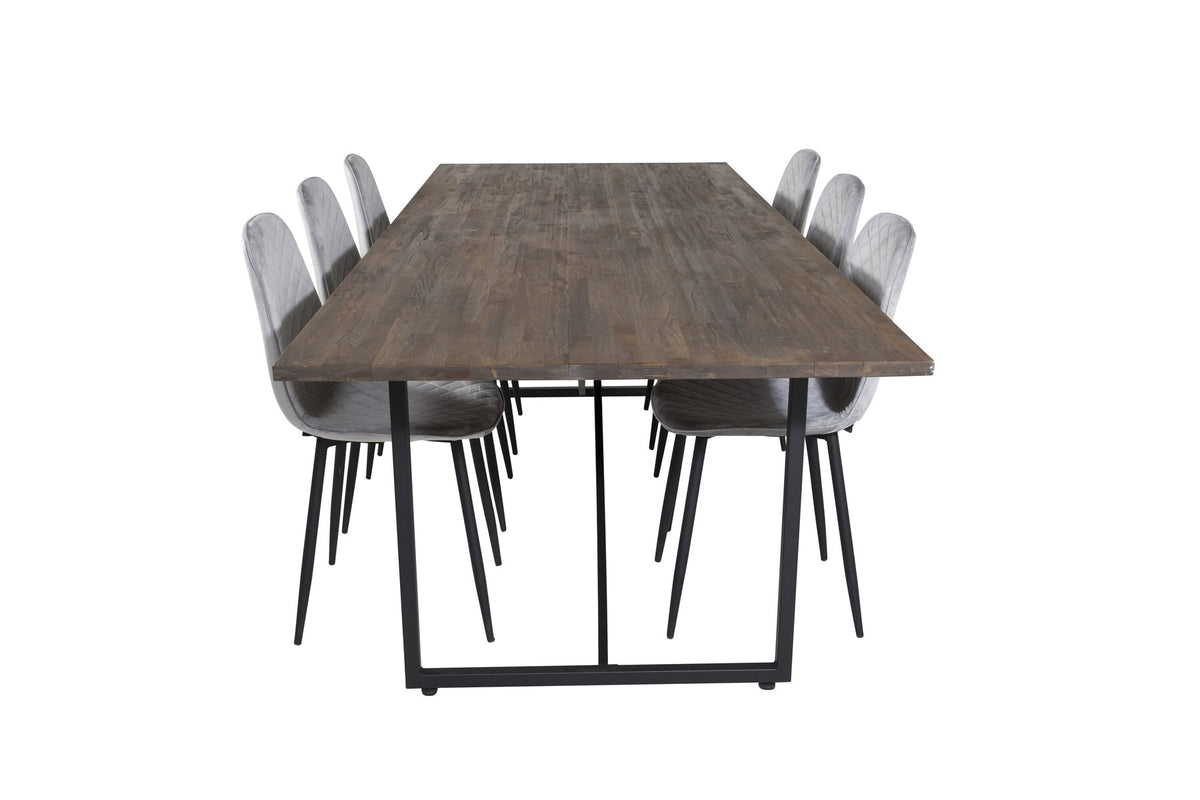 Esstisch mit Teak-Tischplatte in Natur und Stahlgestell, dazu Stühle mit schwarzem Stahlrahmen und grauem Polyester-Samt-Bezug.