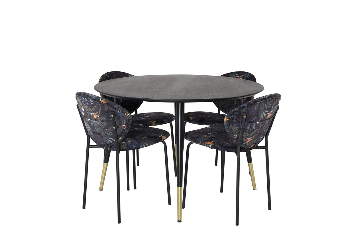 Schwarzes Esszimmerset Dipp mit Vault Stühlen: Tisch mit MDF-Furnierplatte und Stahlbeinen, Stühle mit Polsterbezug und Stahlgestell.
