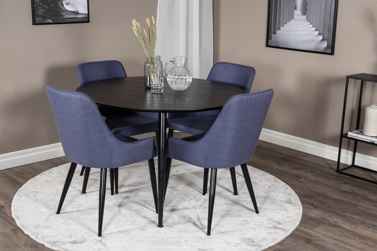 Rundes Esszimmerset von Venture Home: schwarzer MDF-Tisch mit Stahlbeinen und zwei blaue Stühle mit schwarzem Stahlgestell.