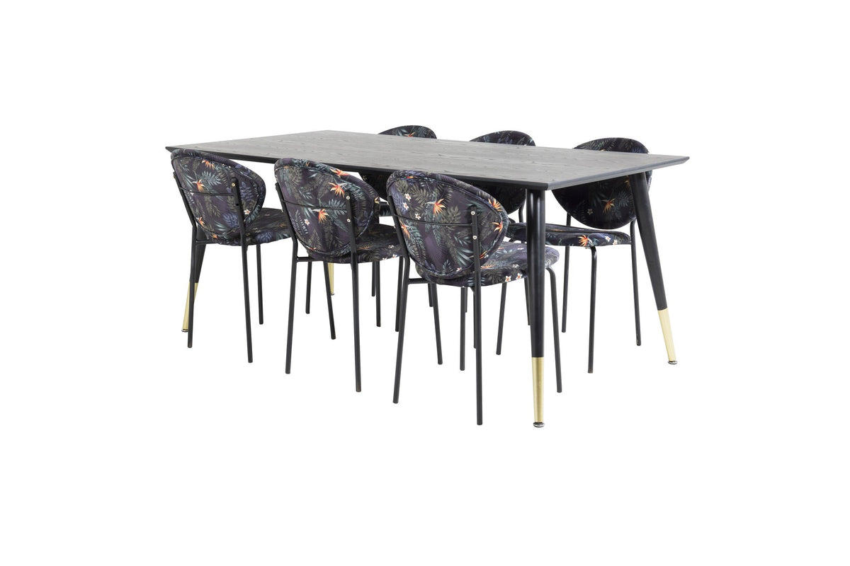 Schwarzes Esszimmerset Dipp mit Vault Stühlen: Tisch mit MDF-Furnierplatte und Stahlbeinen, Stühle mit Polsterbezug und Stahlgestell.