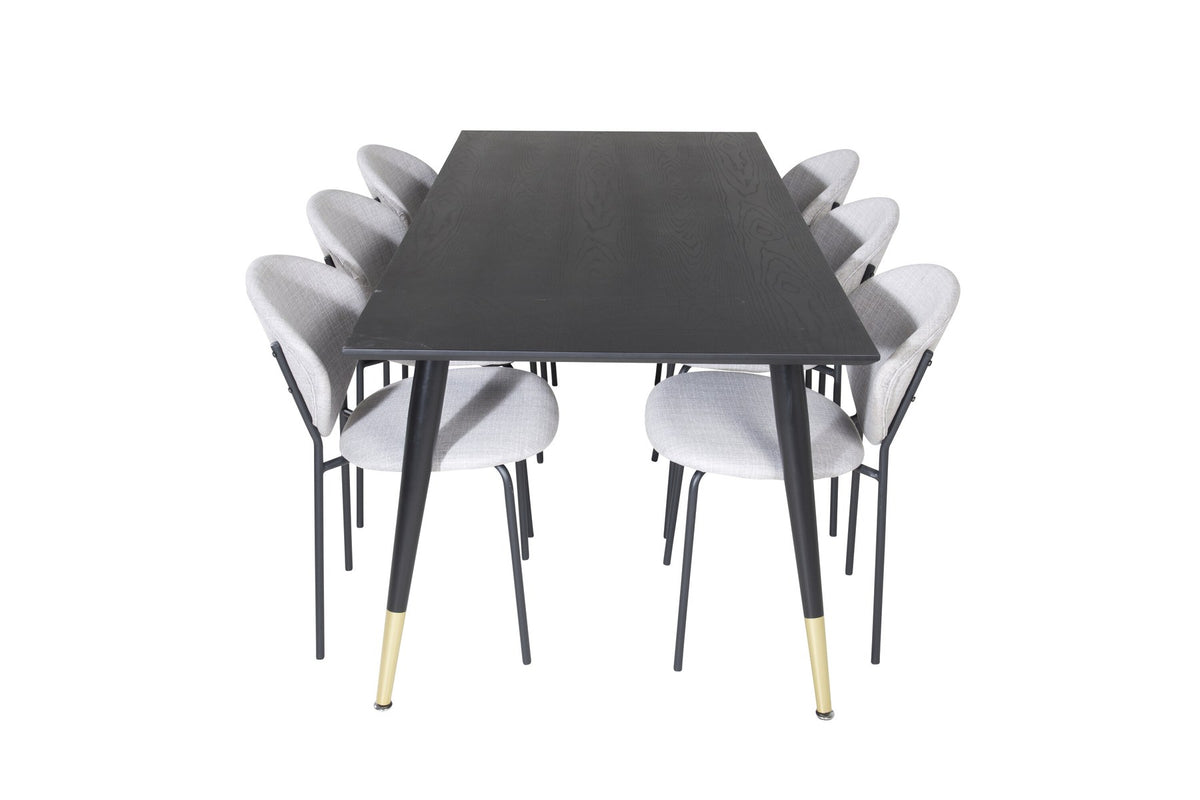 Schwarzes Esszimmerset Dipp mit Vault Stühlen: Tisch mit MDF-Furnierplatte und Stahlbeinen, Stühle mit Polsterbezug und Stahlgestell.