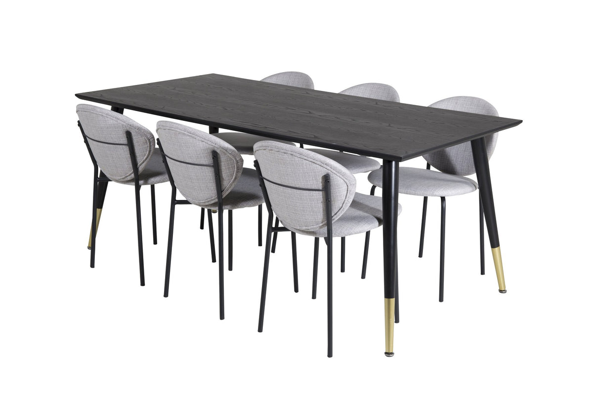 Schwarzes Esszimmerset Dipp mit Vault Stühlen: Tisch mit MDF-Furnierplatte und Stahlbeinen, Stühle mit Polsterbezug und Stahlgestell.