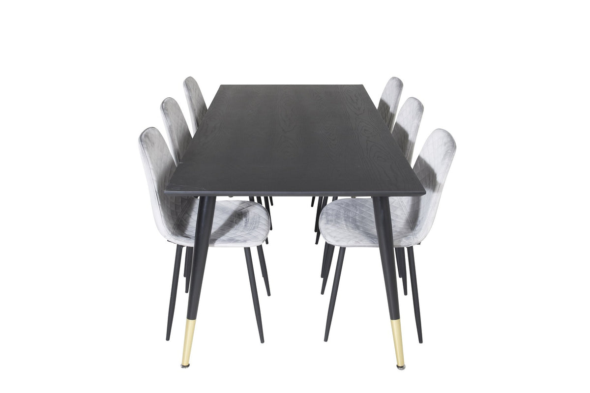 Esszimmerset Dipp mit Esstisch 180x90 cm in Schwarz und sechs Polar Diamond Stühlen mit grauem Samtbezug und schwarzen Beinen