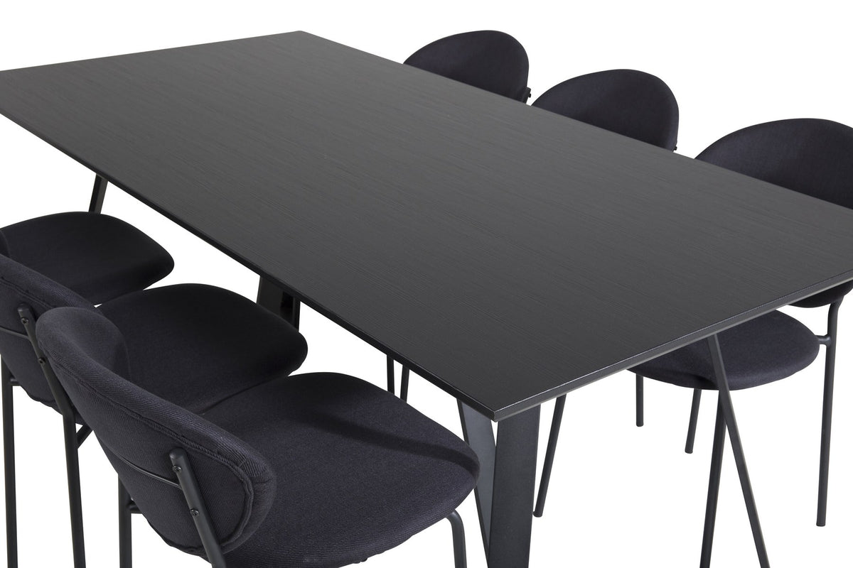 Esszimmerset Marina mit rechteckigem Tisch aus MDF und Papierlaminat sowie Stühlen mit Stahlgestell und Polyesterbezug in Grau.
