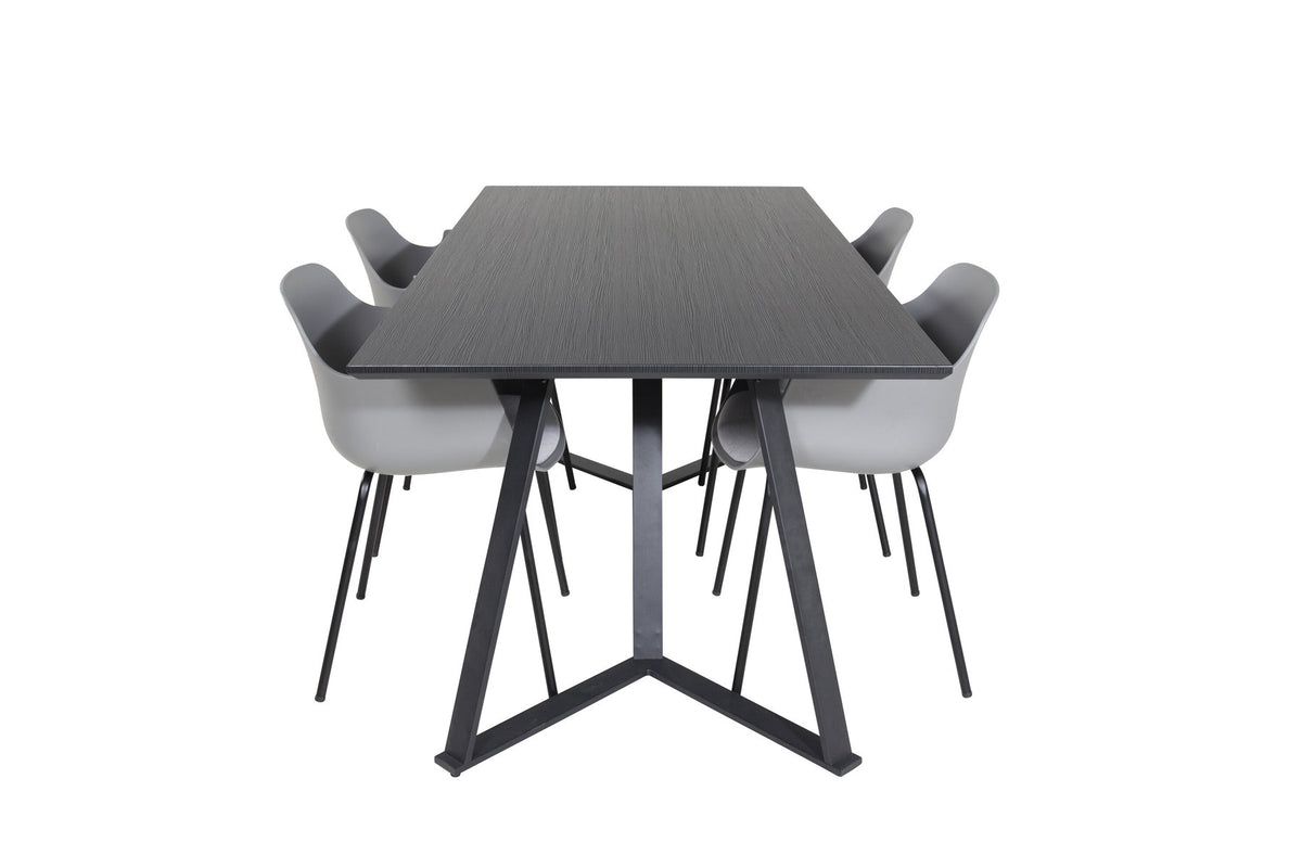Esszimmerset Marina mit schwarzer MDF-Tischplatte, Stahluntergestell und gepolsterten Comfort-Stühlen mit grauem Polyesterbezug.