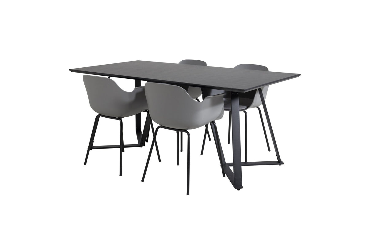 Esszimmerset Marina mit schwarzer MDF-Tischplatte, Stahluntergestell und gepolsterten Comfort-Stühlen mit grauem Polyesterbezug.