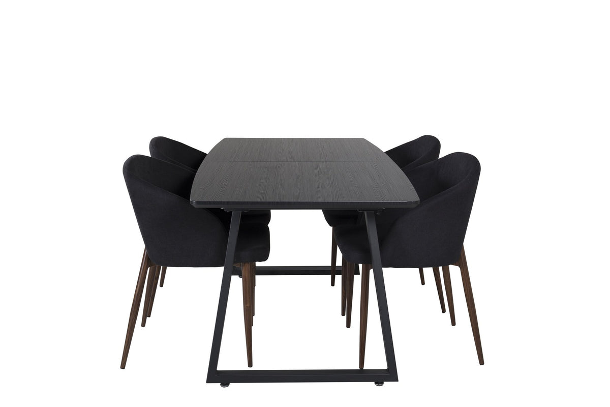 Schwarzes Esszimmerset: 2 Stühle aus MDF und Stahl mit Folienoberfläche sowie rechteckiger Esstisch mit Stahlbeinen, Tischplatte 160 x 85 cm.