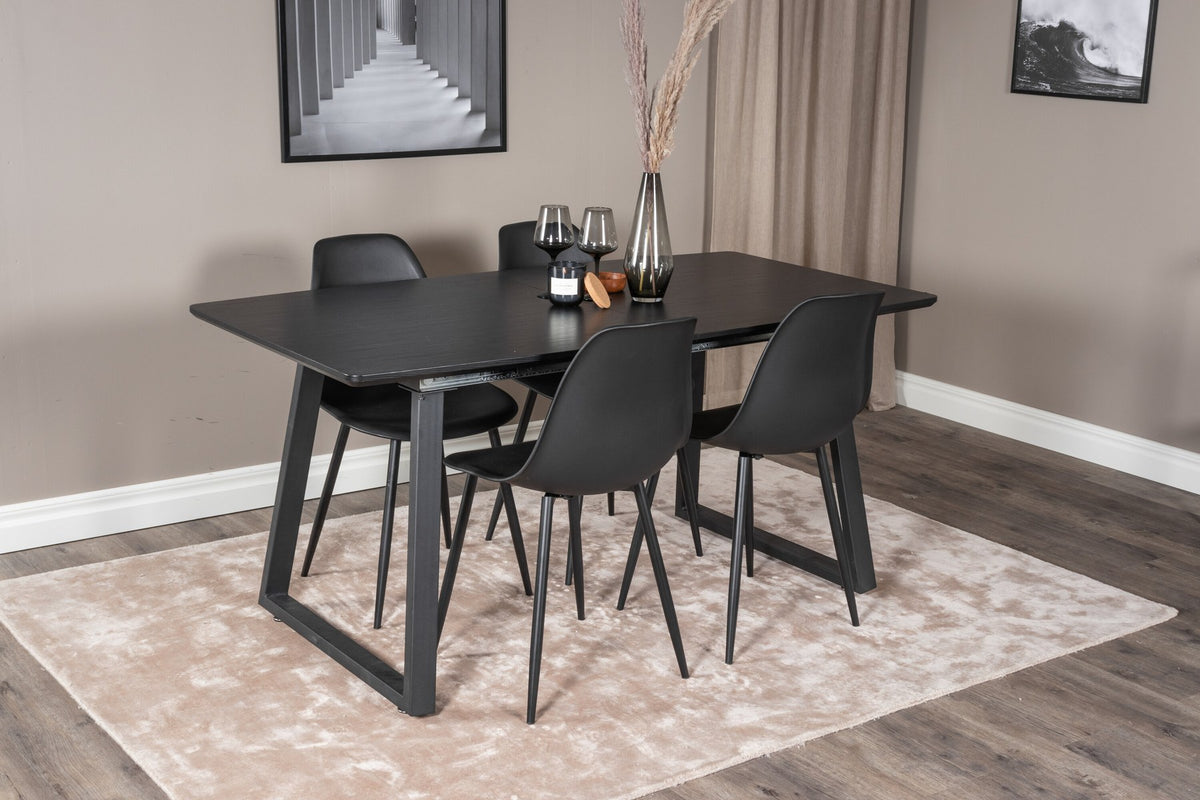 Schwarzes Inca Esszimmerset von Venture Home: ausziehbarer Tisch aus MDF, Sperrholz und Stahl mit sechs passenden Stühlen der Serie Polar