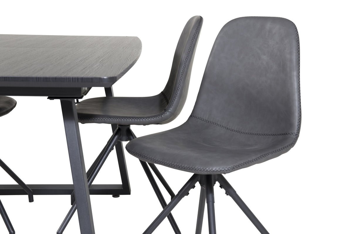 Schwarzes Inca Esszimmerset von Venture Home: ausziehbarer Tisch aus MDF, Sperrholz und Stahl mit sechs passenden Stühlen der Serie Polar