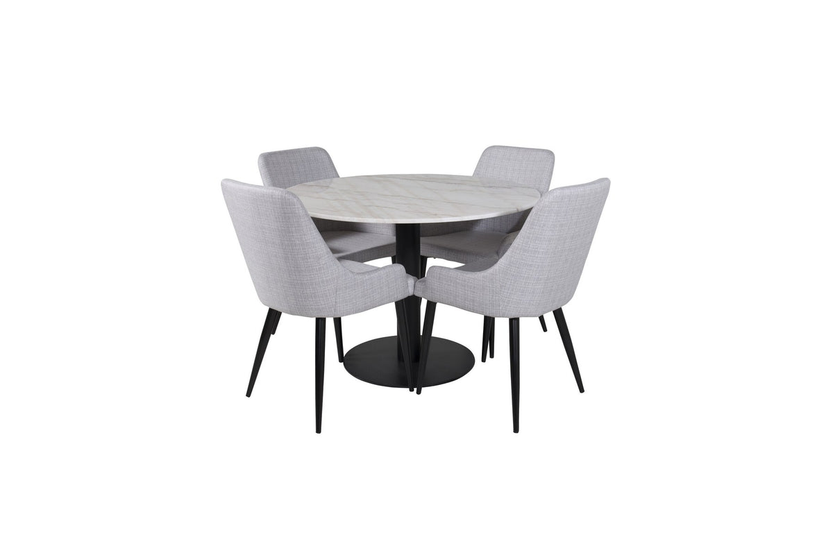 Rundes Esszimmerset aus Marmor und Stahl: weisse Tischplatte ⌀106 cm mit zwei grauen Stühlen, schwarz pulverbeschichtetes Gestell, Venture Home.