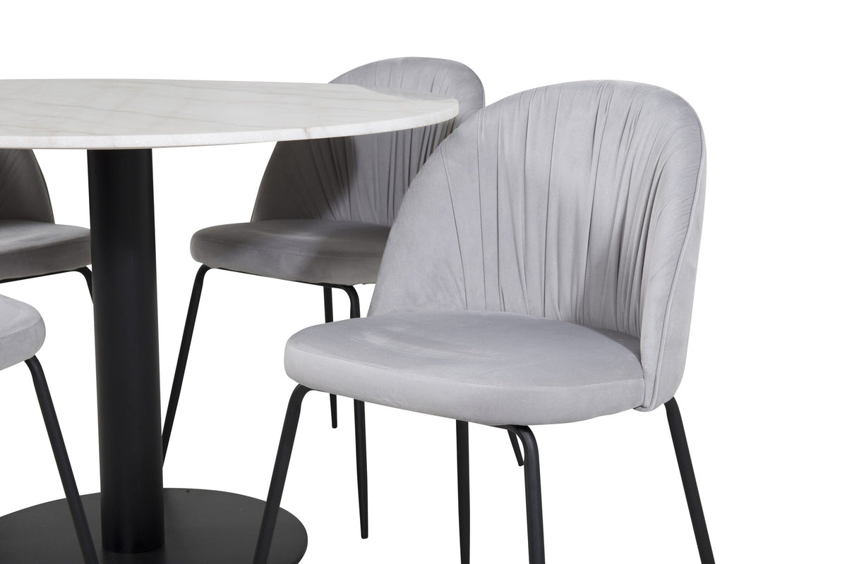 Rundes Esszimmerset: weisser Marmor-Esstisch ⌀106 cm mit Stahlbeinen und zwei graue Polsterstühle mit schwarz pulverbeschichtetem Stahlgestell.