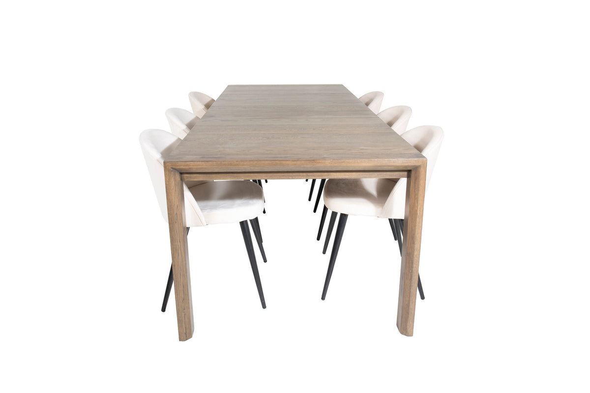 Esszimmerset Slider & Velvet mit rechteckigem Eichentisch und zwei Polsterstühlen