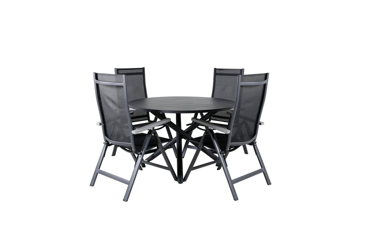 Alma Outdoor-Tischset + Albany ⌀120cm/4St. in Schwarz präsentiert im Onlineshop von KAQTU Design AG. Gartentischset ist von Venture Home
