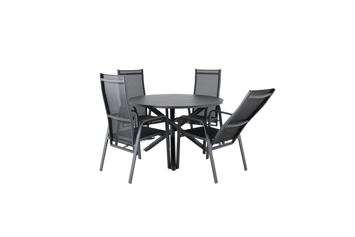 Runder Gartentisch ⌀120 cm aus schwarzem Aluminium mit Kreuzbeinen, dazu zwei Relaxstühle mit pulverbeschichteter Oberfläche in Schwarz.