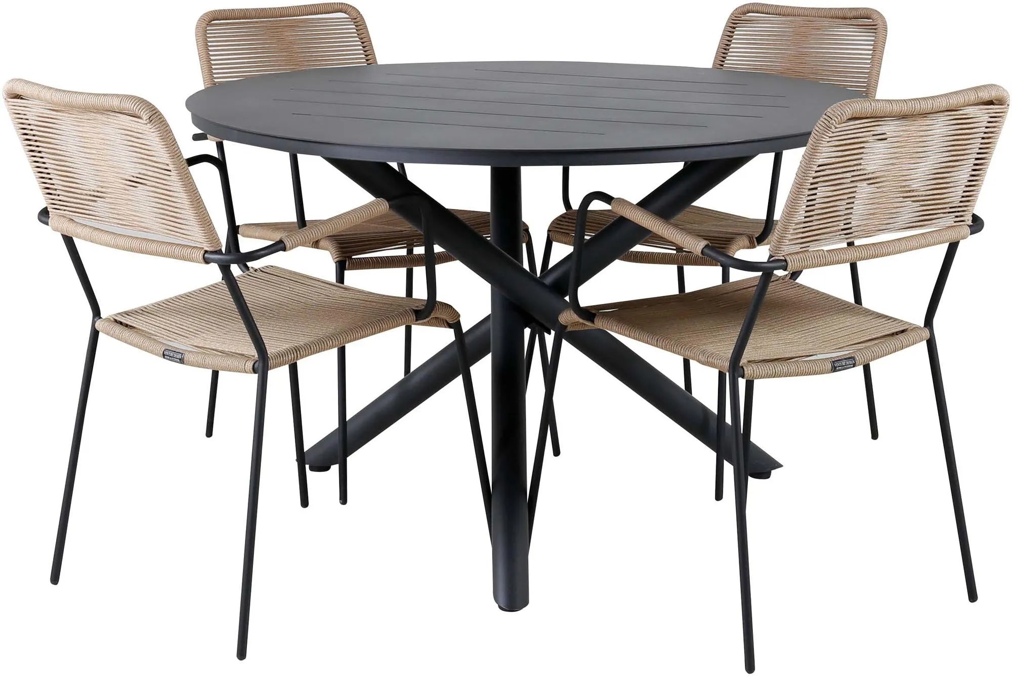 Stilvolles Alma Outdoor-Tischset: Wetterfeste Lindos Stühle & langlebiger 120cm Tisch für eleganten Gartenluxus.