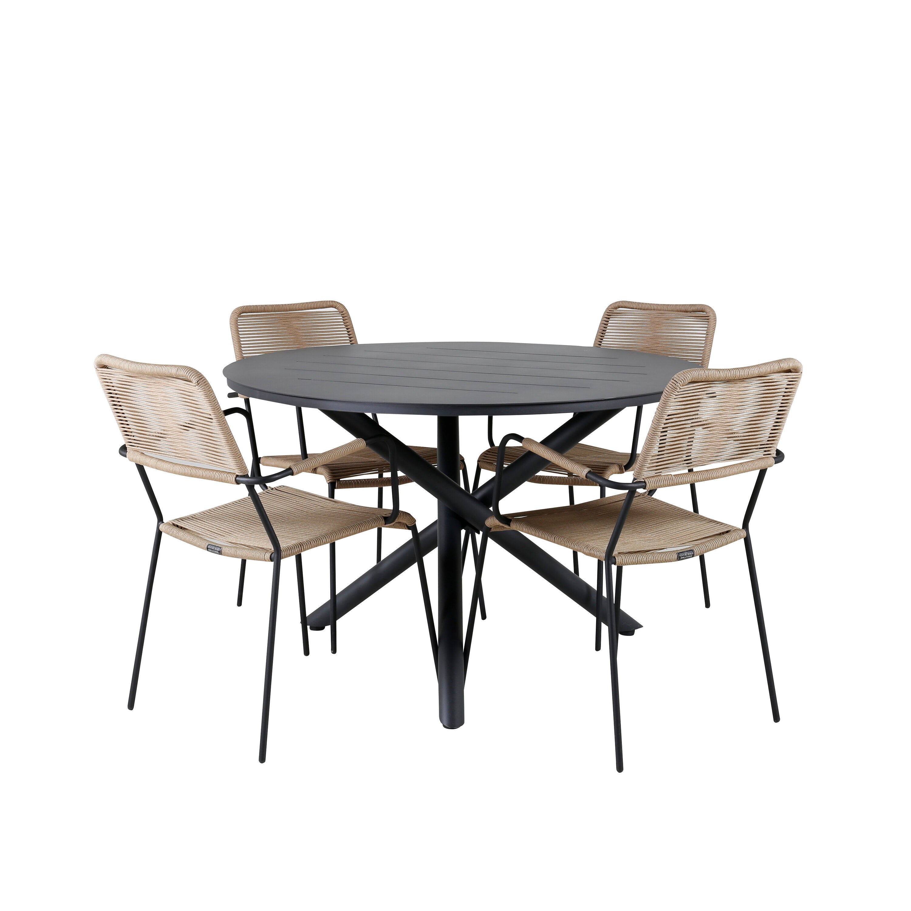 Alma Outdoor-Tischset + Lindos ⌀120cm/4St. in Schwarz Braun präsentiert im Onlineshop von KAQTU Design AG. Gartentischset ist von Venture Home