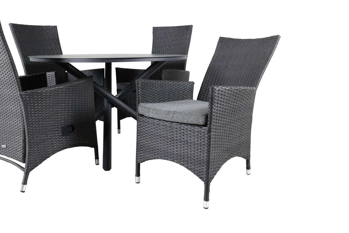 Runder Gartentisch Ø120 cm aus schwarzem Aluminium mit zwei schwarzen Relaxstühlen aus Aluminium und Geflecht, Polyesterbezug.