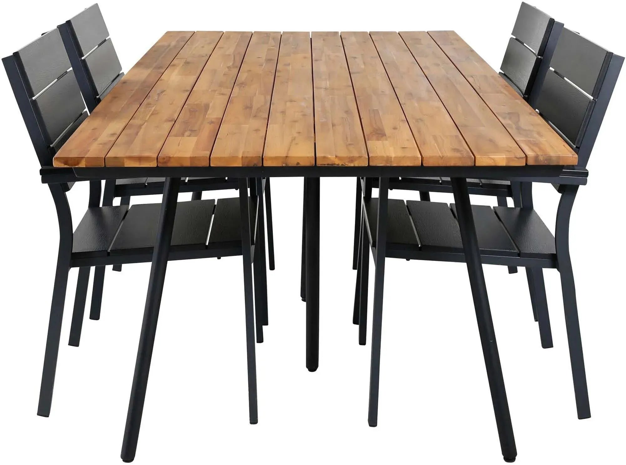 Stilvolles Chan Outdoor-Tischset von Venture Home: 200cm Aintwood-Tisch & 4 komfortable Levels-Stühle, wetterfest & pflegeleicht.